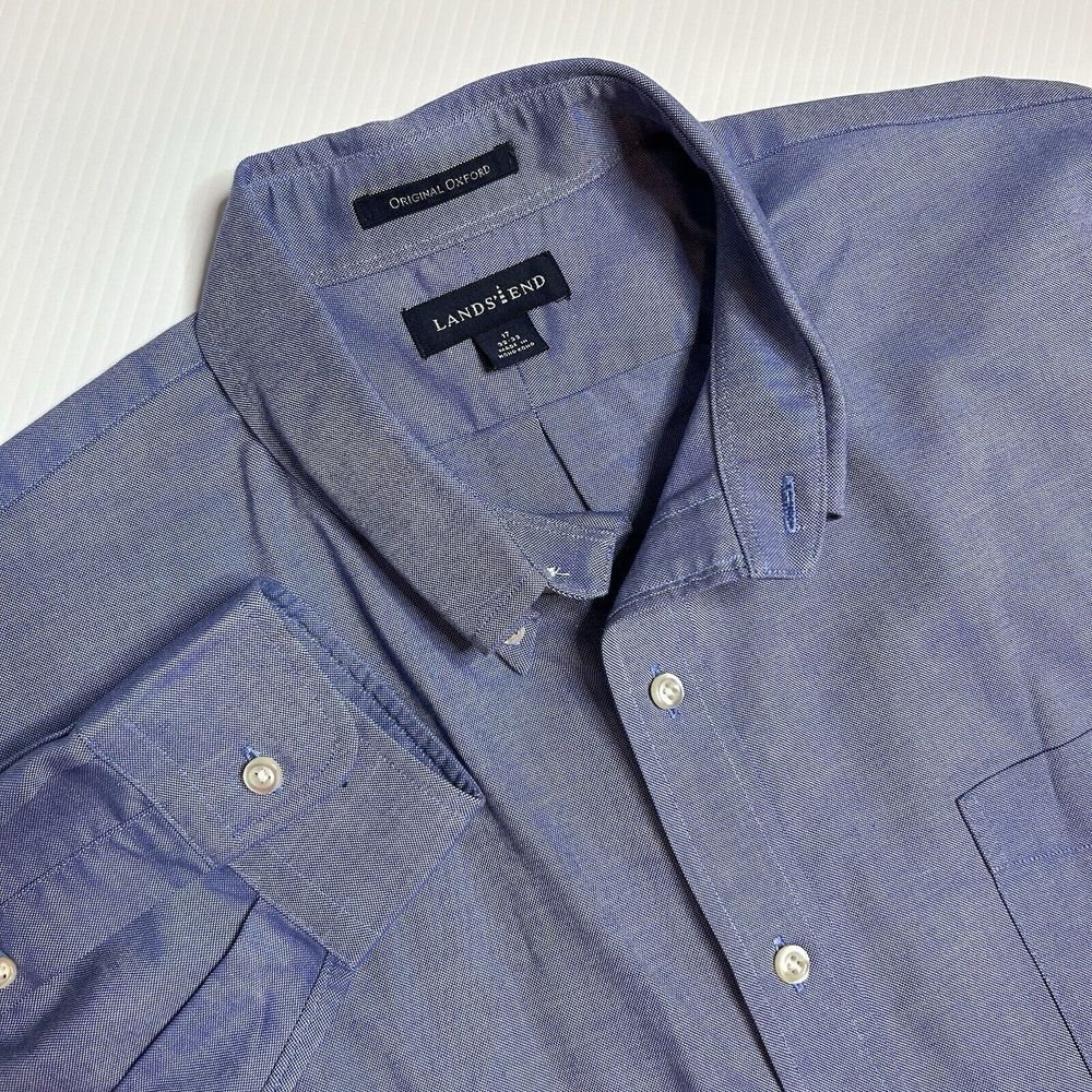 Lands End Original Oxford Men's Size 17 Blue Button Down Long‎ Sleeve Shirt